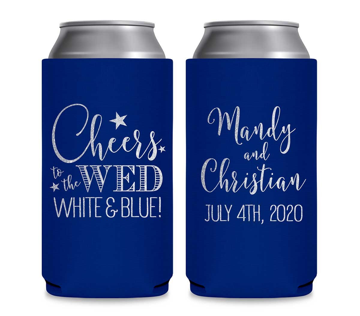 Cheers To The Wed White & Blue 1A Foldable 12 oz Slim Can Koozies Wedding Gifts for Guests