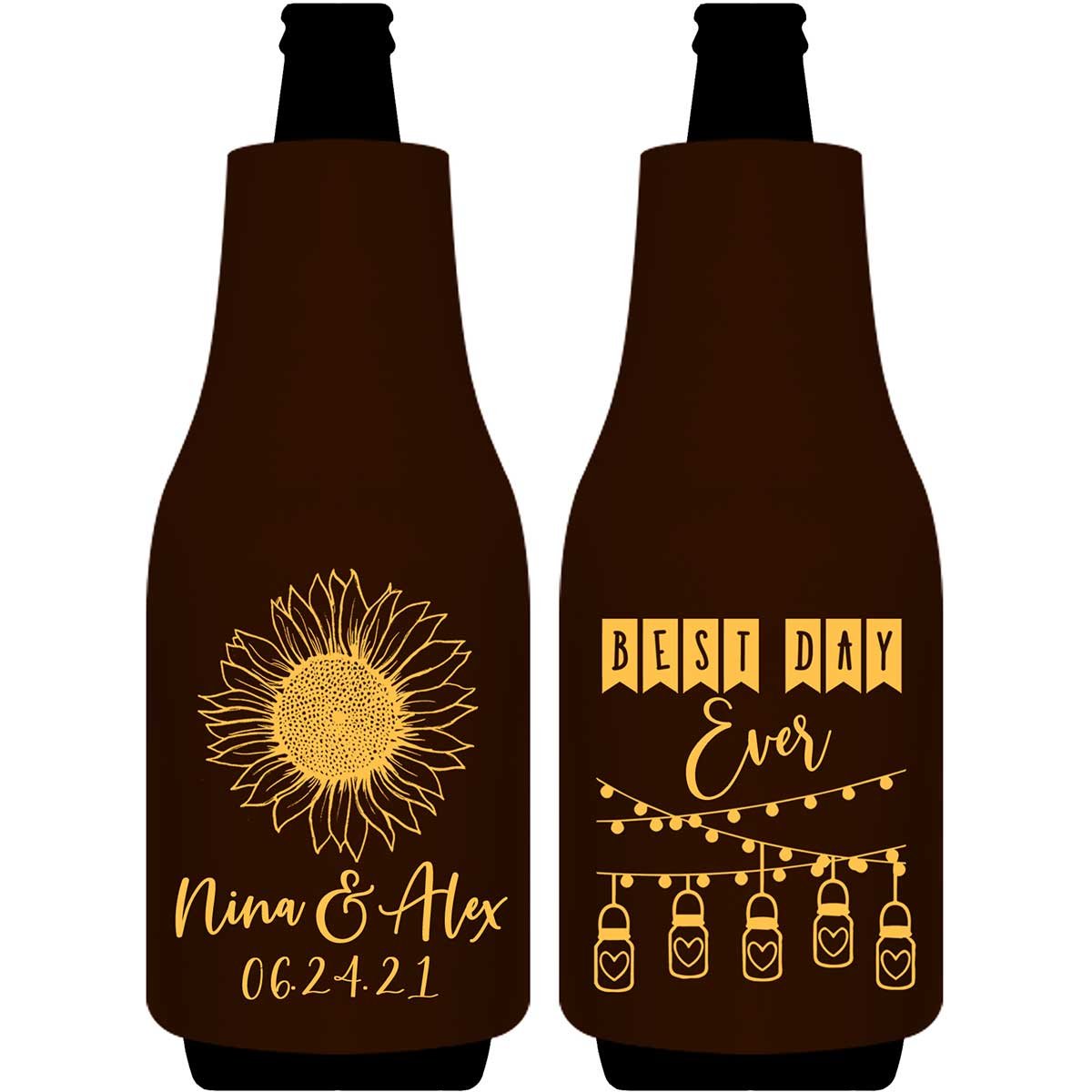Country Sunflower 1A Best Day Ever Foldable Bottle Sleeve Koozies Wedding Gifts for Guests
