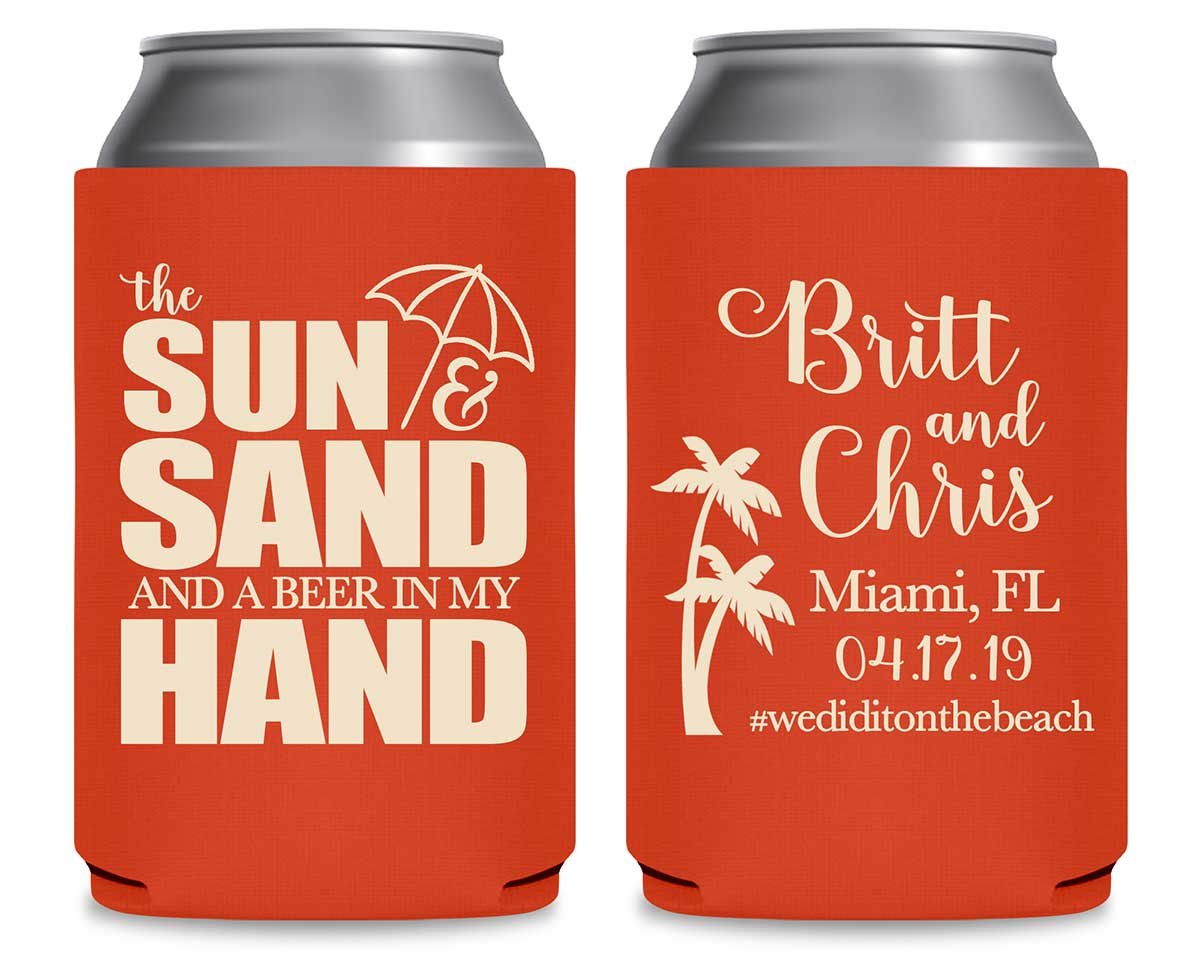 The Sun & The Sand Beer In My Hand 1A Foldable Can Koozies Wedding Gifts for Guests