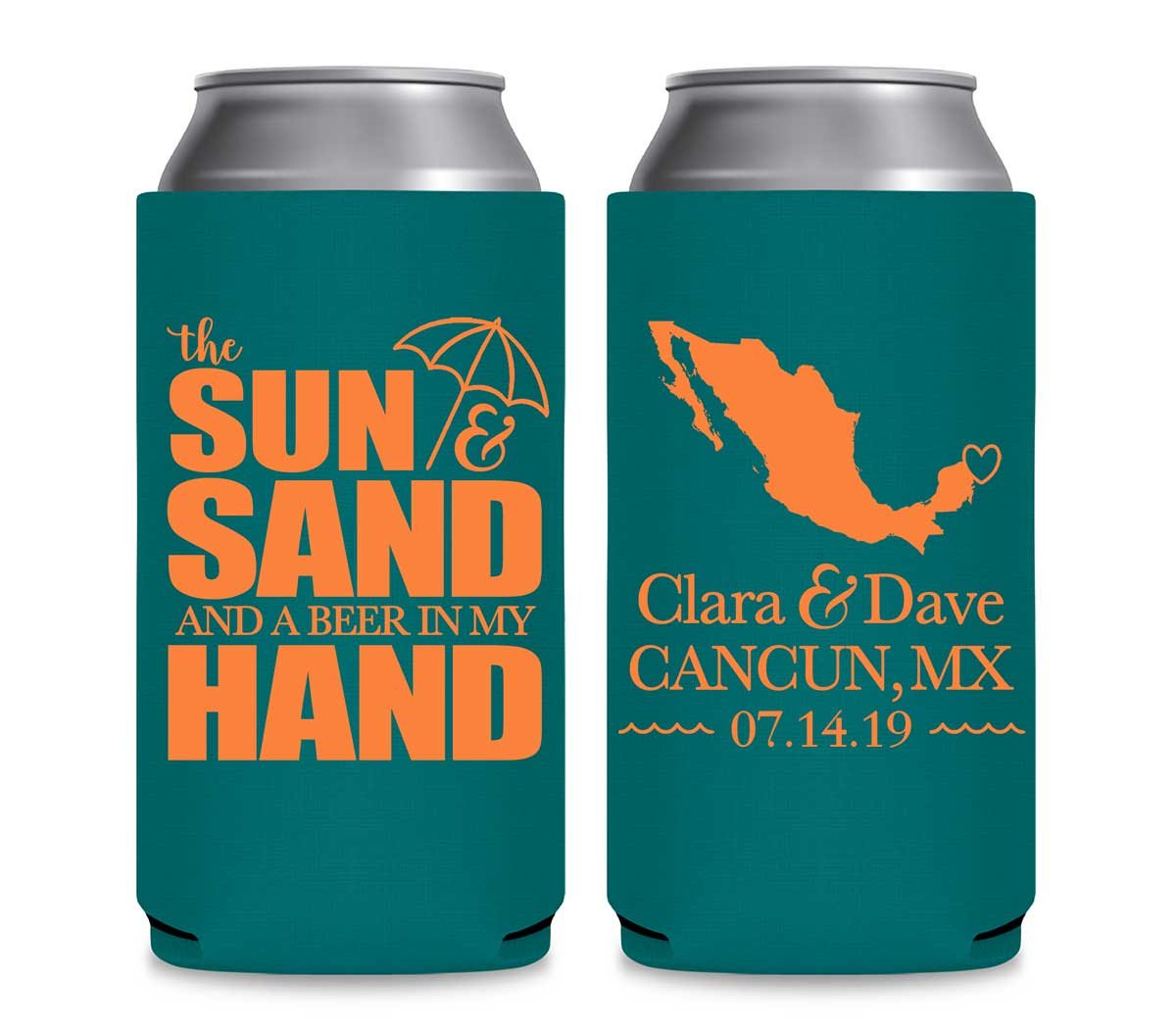 The Sun & The Sand Beer In My Hand 1B Any Map Foldable 12 oz Slim Can Koozies Wedding Gifts for Guests