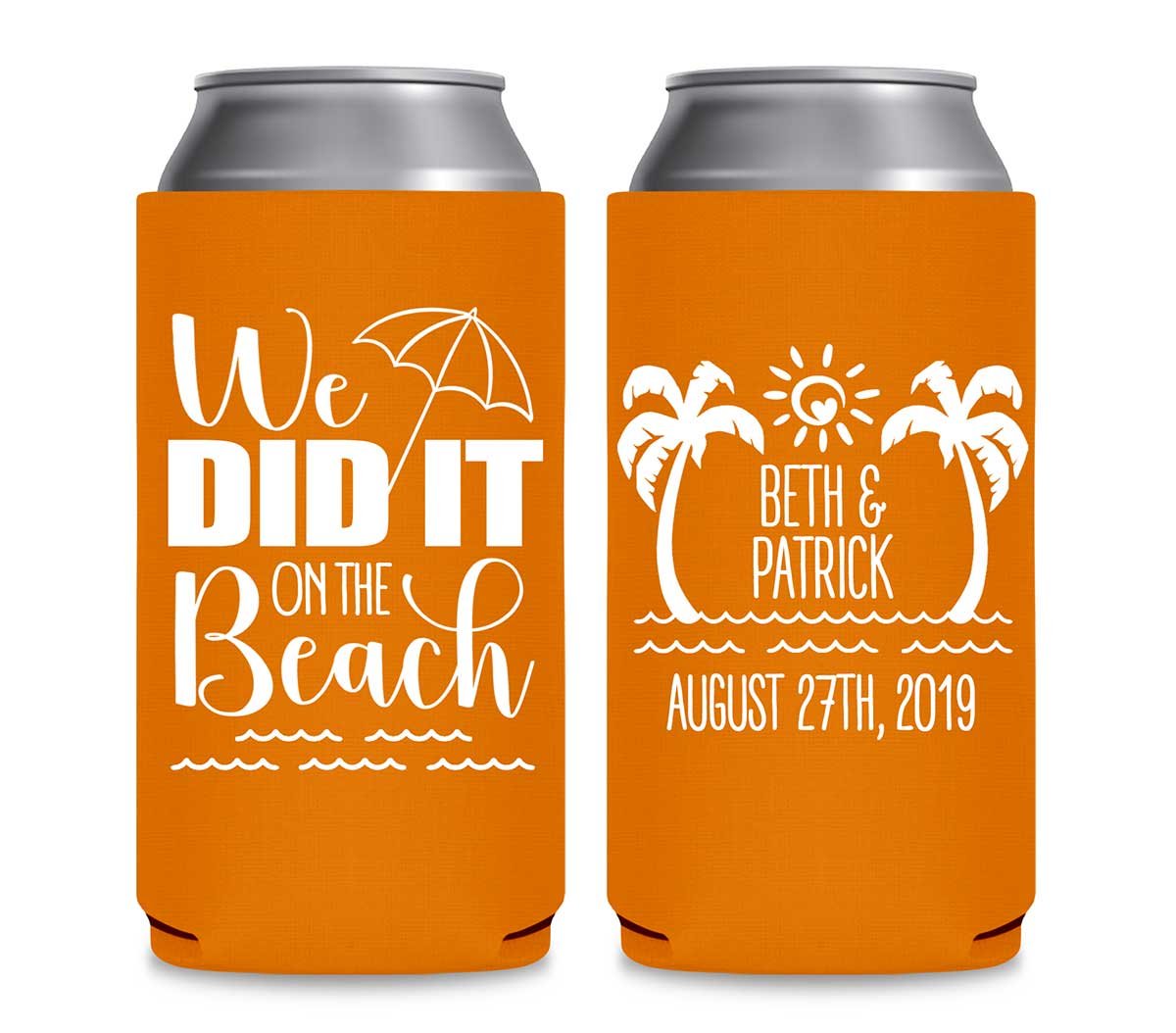 We Did It On The Beach 1A Foldable 12 oz Slim Can Koozies Wedding Gifts for Guests