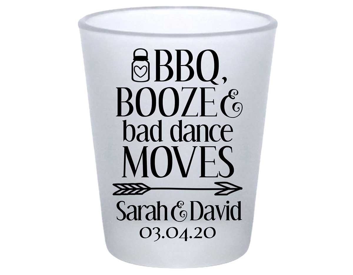 BBQ Booze & Bad Dance Moves 1A Standard 1.75oz Frosted Shot Glasses Rustic Engagement Party Gifts for Guests