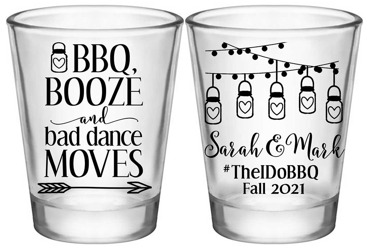 BBQ Booze & Bad Dance Moves 1A2 Standard 1.75oz Clear Shot Glasses Rustic Engagement Party Gifts for Guests