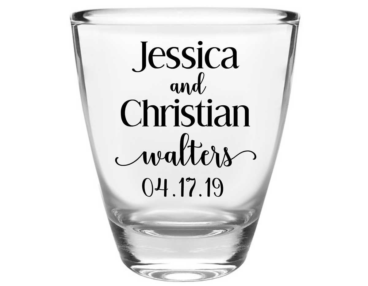 Classic Wedding Design 1A Clear 1oz Round Barrel Shot Glasses Personalized Wedding Gifts for Guests