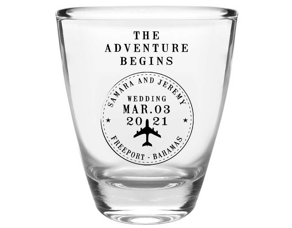 The Adventure Begins 2A Travel Stamp Clear 1oz Round Barrel Shot Glasses Destination Wedding Gifts for Guests