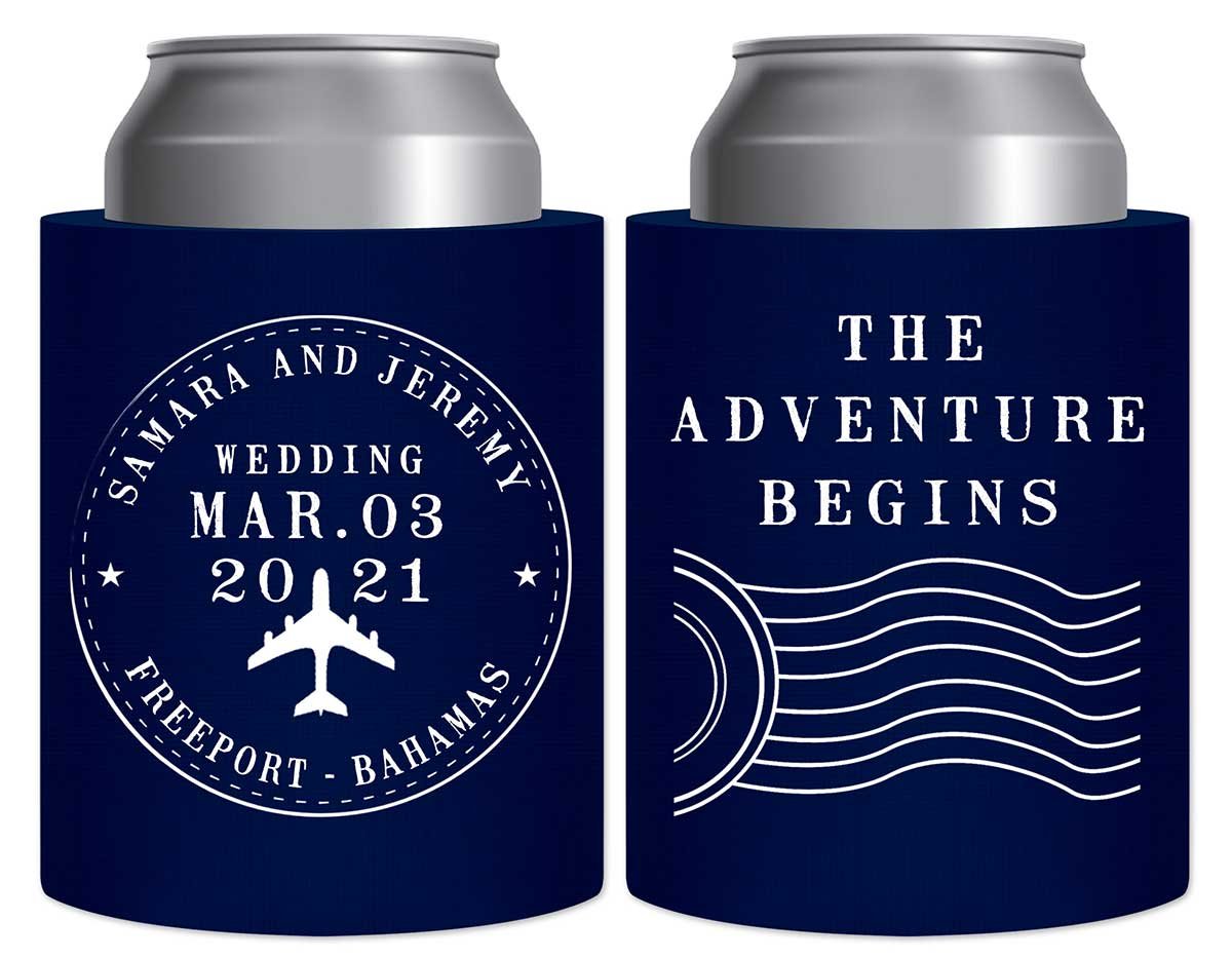 The Adventure Begins 2A Travel Stamp Thick Foam Can Koozies Destination Wedding Gifts for Guests
