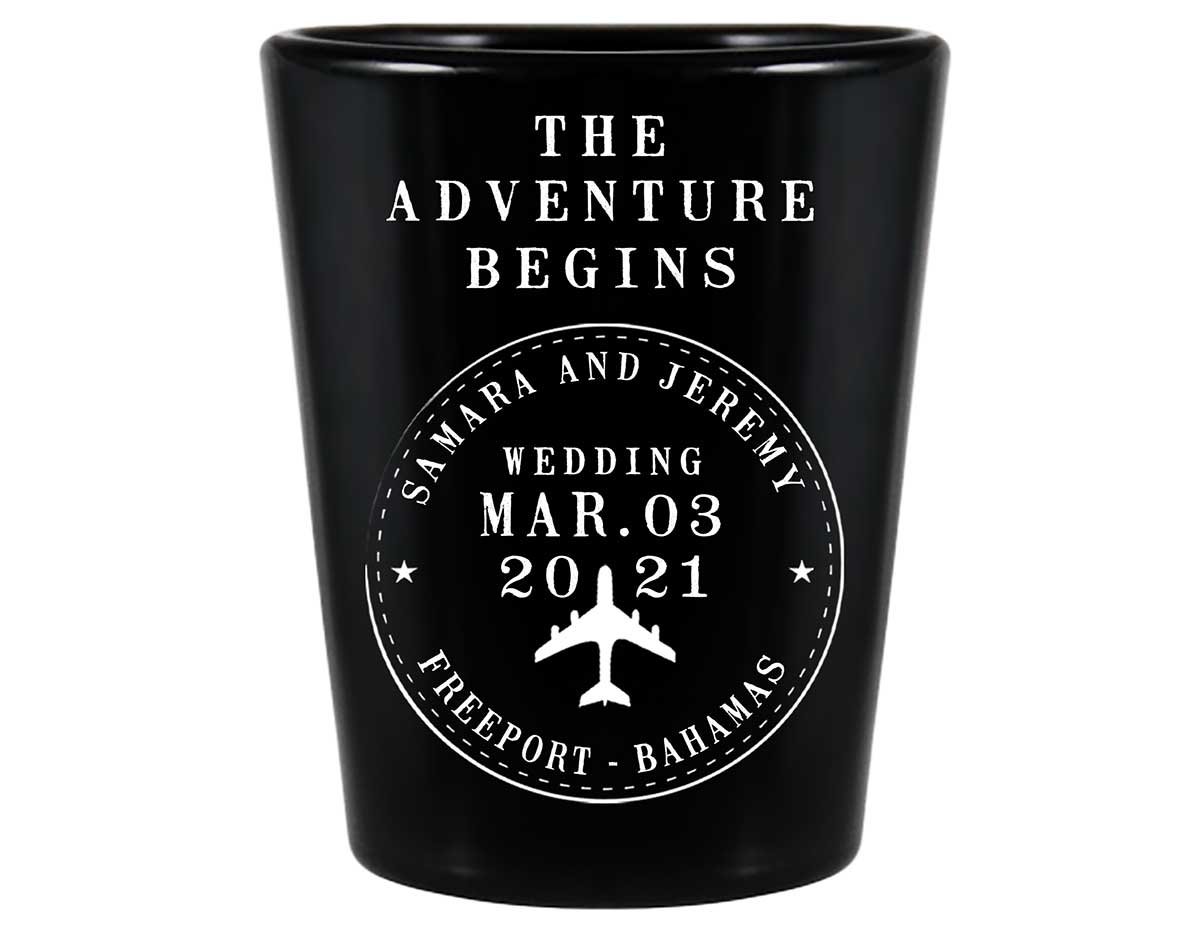 The Adventure Begins 2A Travel Stamp Standard 1.5oz Black Shot Glasses Destination Wedding Gifts for Guests